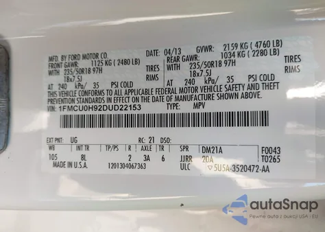 2013 Ford Escape Sel z USA, uszkodzony, nr VIN 1FMCU0H92DUD22153